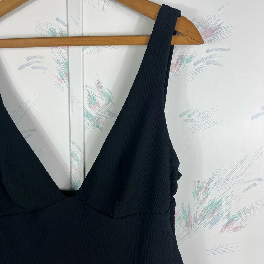 H&M Black High Leg Ribbed Swimsuit V-neck XL - Picture 3 of 9